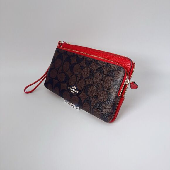 Coach C5576 Double Zip Leather Brown 1941 Red Wristlet Card Wallet Clutch NWT - Picture 2 of 9